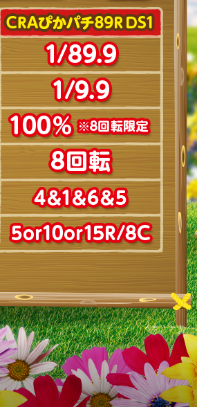 CRぴかパチ89RDS1　大当たり確率1/89.9、確変中確率1/9.9、確変突入率100%（8回転限定）、電サポ性能8回転、賞球数4&1&6&5、ラウンド5or10or15R/8C