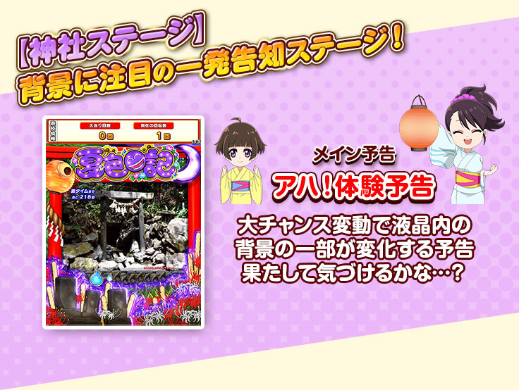 【神社ステージ】背景に注目の一発告知ステージ！ メイン予告：アハ！体験予告 大チャンス変動で液晶内の背景の一部が変化する予告果たして気づけるかな…？