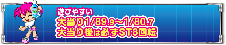 遊びやすい 大当り1／89.9から1／80.7 大当り後は必ずST8回転