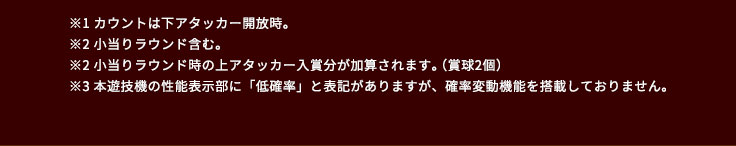 ※1カウントは下アタッカー開放時。 ※2小当りラウンド含む。 ※2小当りラウンド時の上アタッカー入賞分が加算されます。(賞球2個) ※3本遊技機の性能表示部に「低確率」と表記がありますが、確率変動機能を搭載しておりません。