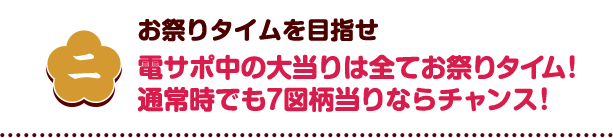 二 お祭りタイムを目指せ 電サポ中の大当りは全てお祭りタイム！通常時でも7図柄当りならチャンス！