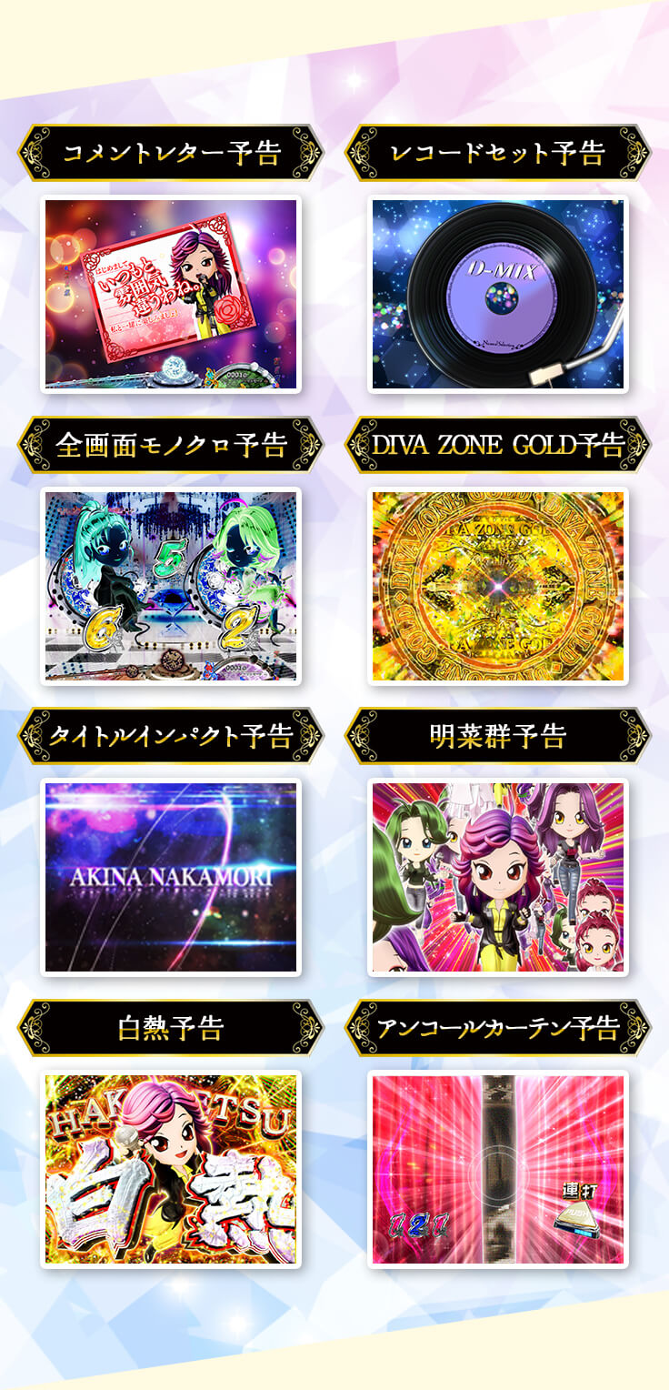 コメントレター予告、レコードセット予告、全画面モノクロ予告、DIVA ZONE GOLD予告、タイトルインパクト予告、明菜群予告、白熱予告、アンコールカーテン予告