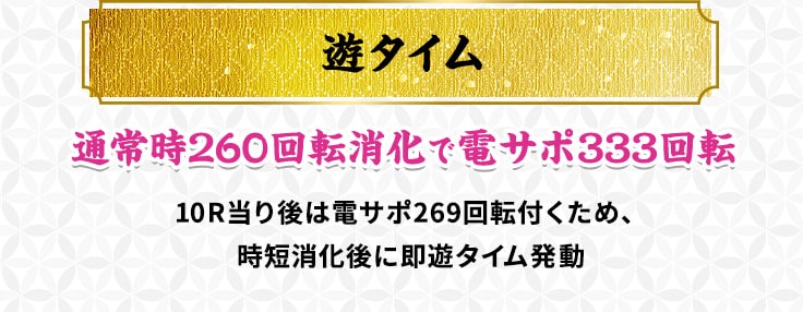 遊タイム 通常時260回転消化で 電サポ333回転 10R当り後は時短269回転付くため、 時短消化後に即遊タイム発動